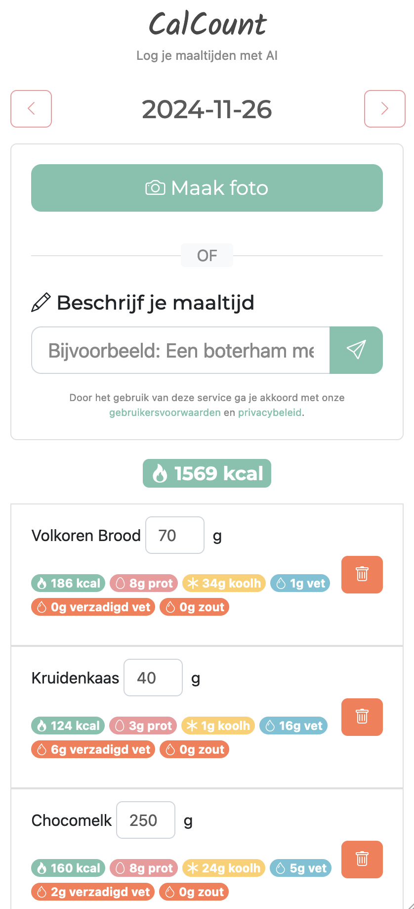 Screenshot van de CalCount mobiele app die een maaltijdanalyse toont.